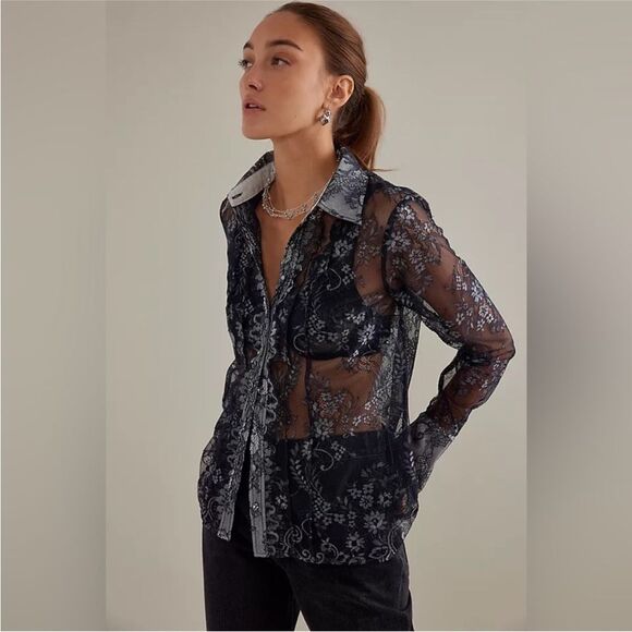 Anthropologie Maeve Lace Sheer Long Sleeve Button Down Blouse/Shirt Size XXS - Picture 10 of 14
